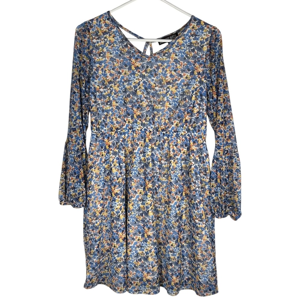 Trixxi Girl Kid XL Blue Orange Floral Mesh Long Sleeve Tie Back Dress P57117CUCI